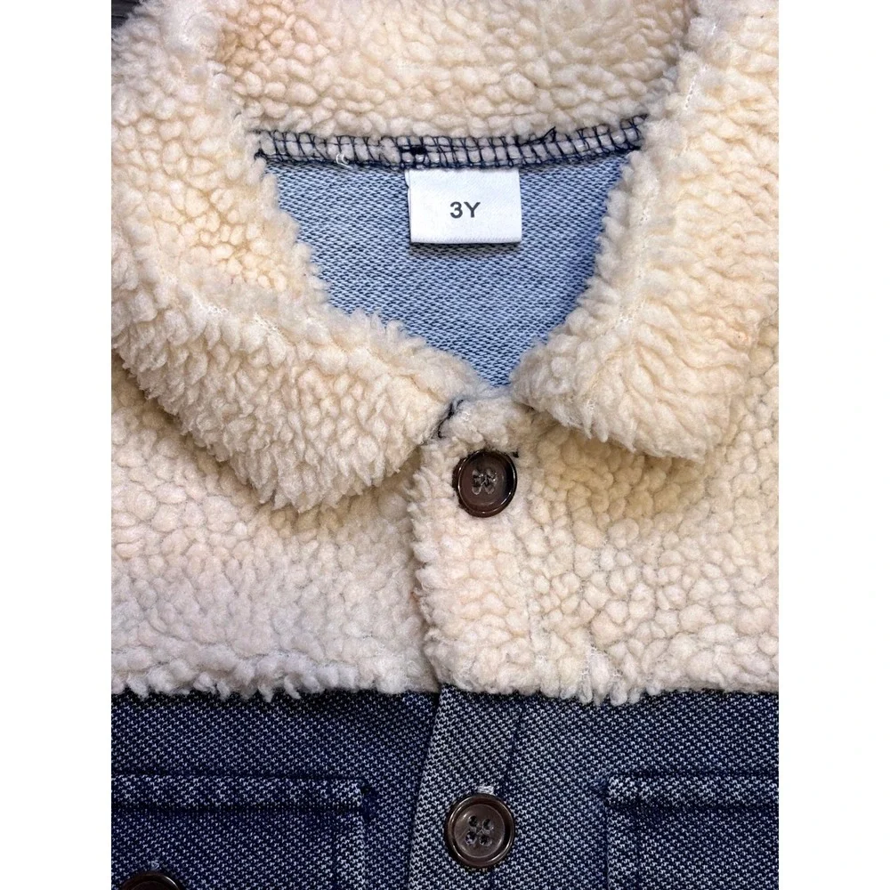 Kids Denim Jacket 3Y Sherpa Collar Blue Button Front Pockets Cute‎